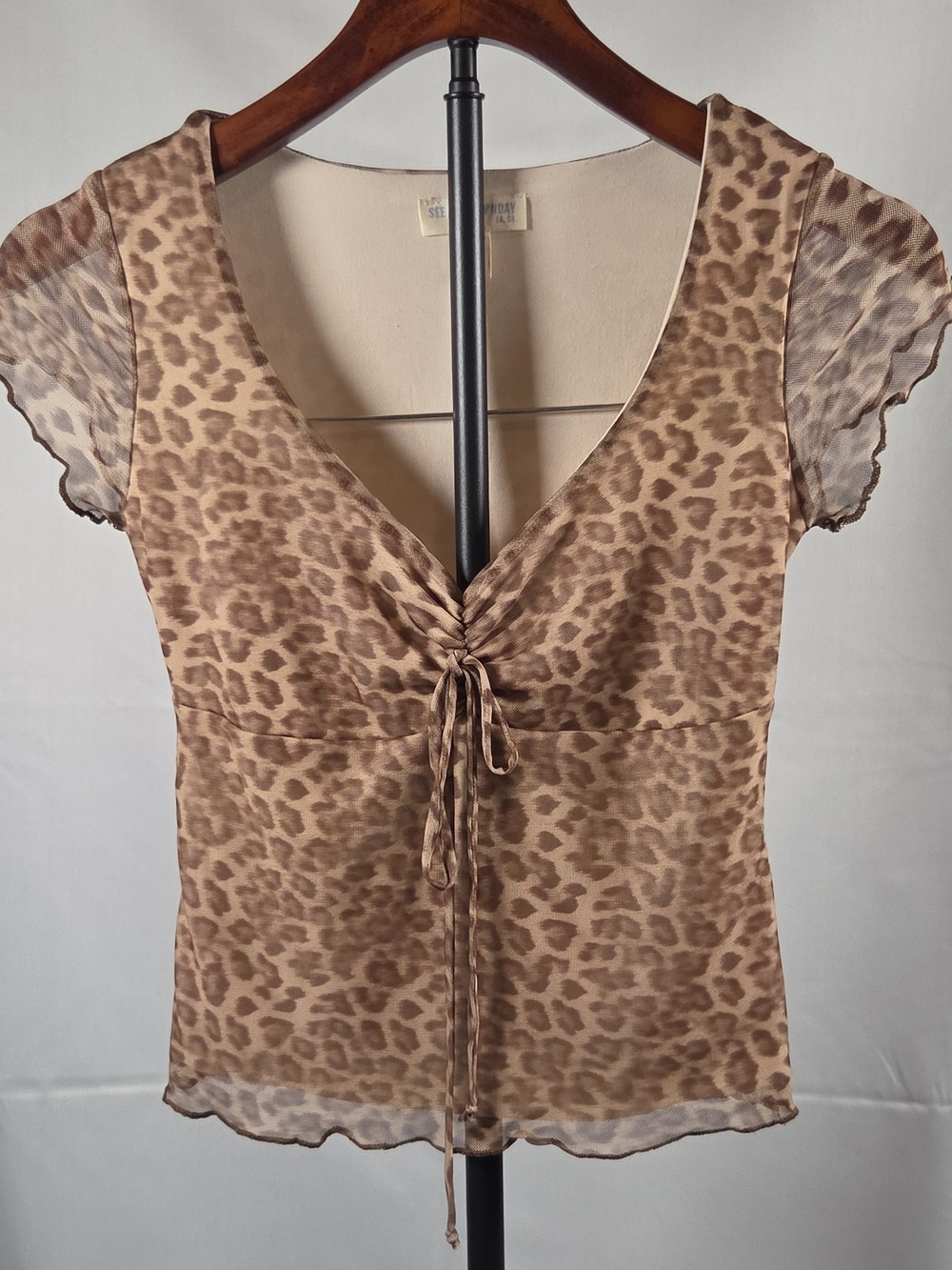 Y2K See You Monday Brown Leopard Tie-Front Sheer Blouse Size S